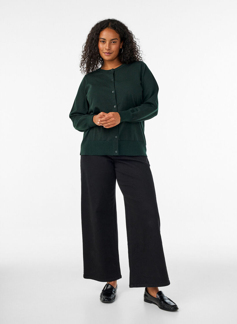 Finstrikket cardigan med rund hals, Gr&oslash;n, Model image number 1