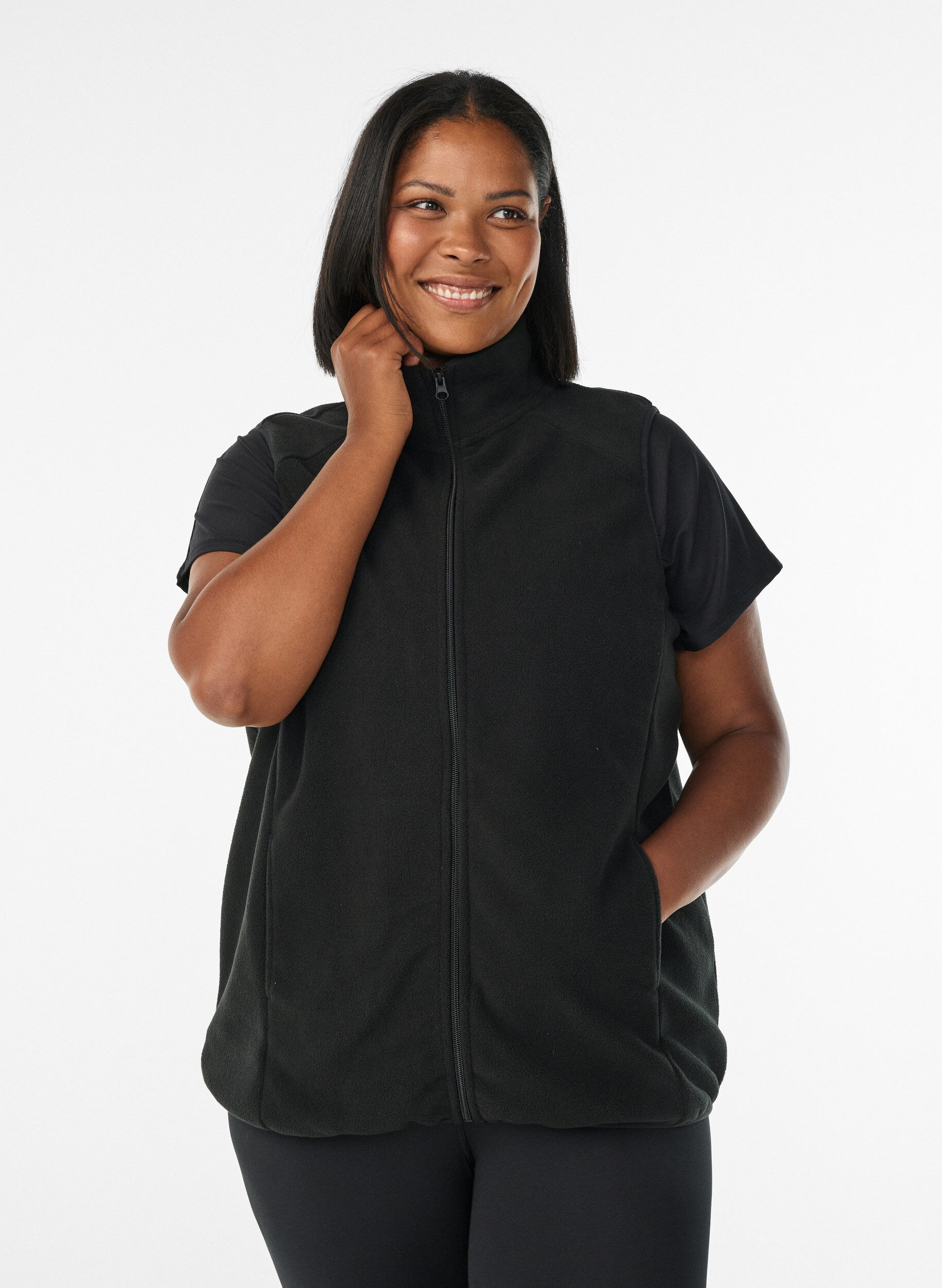 Fleece vest med lommer, Sort, Model