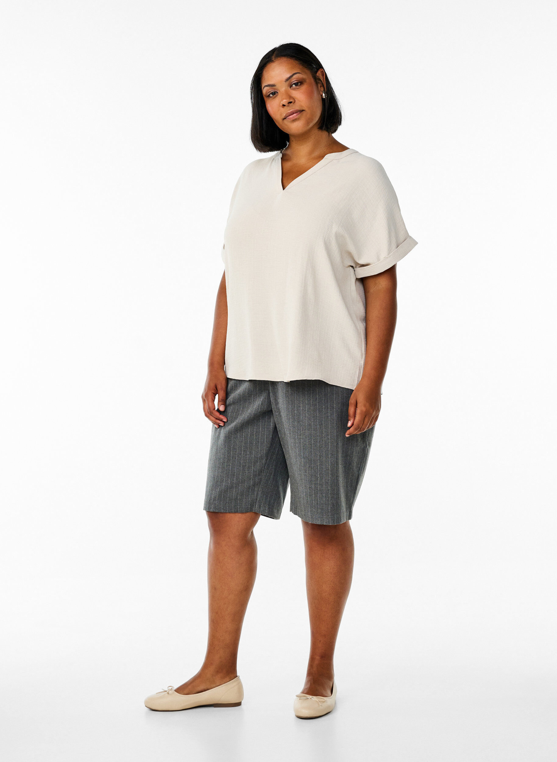 ZizziL&oslash;s bluse med korte &aelig;rmer, Beige, Model image number 1