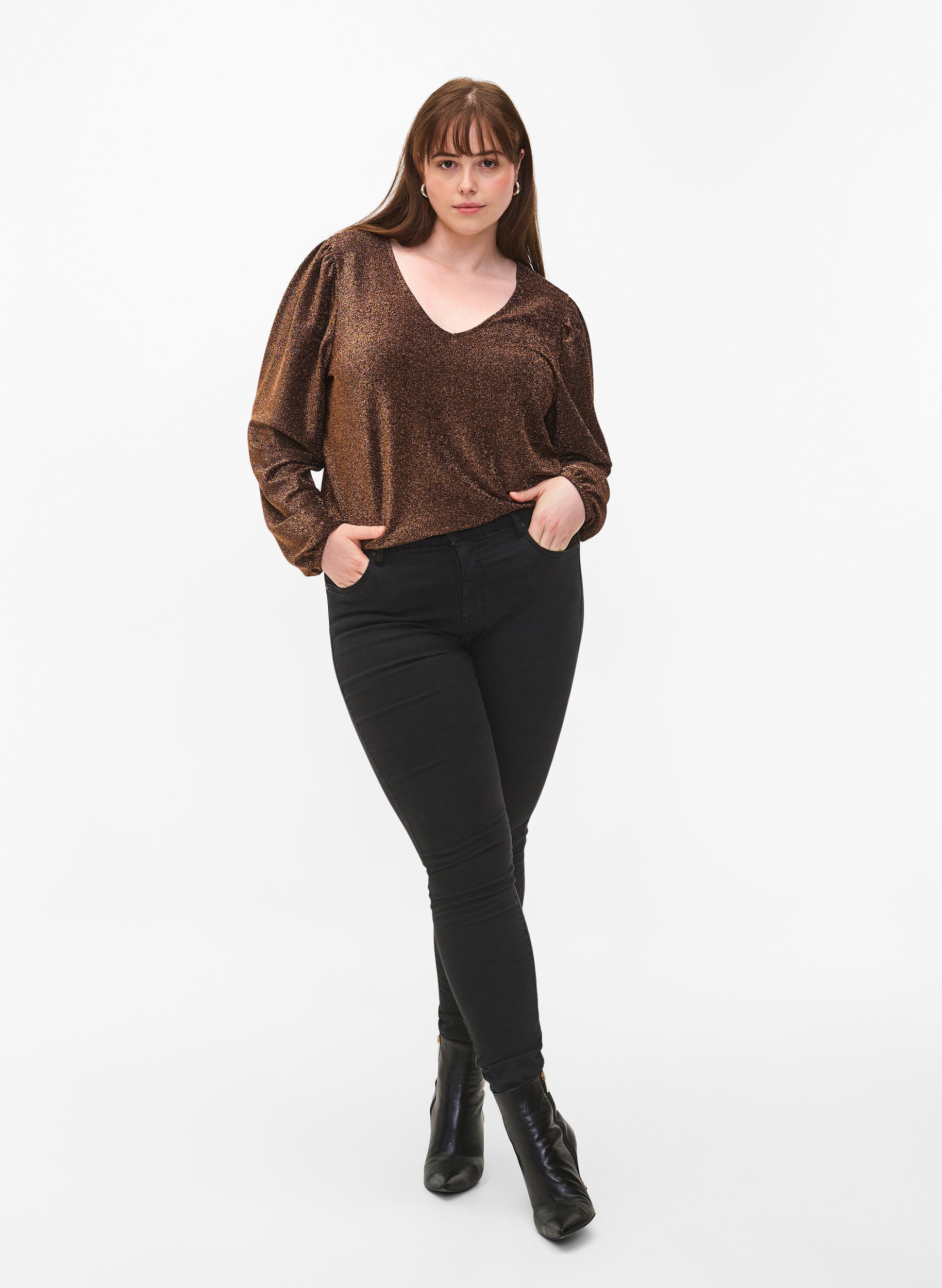 Zizzi Glimmerbluse med puf&aelig;rmer, Black Copper, Model image number 2