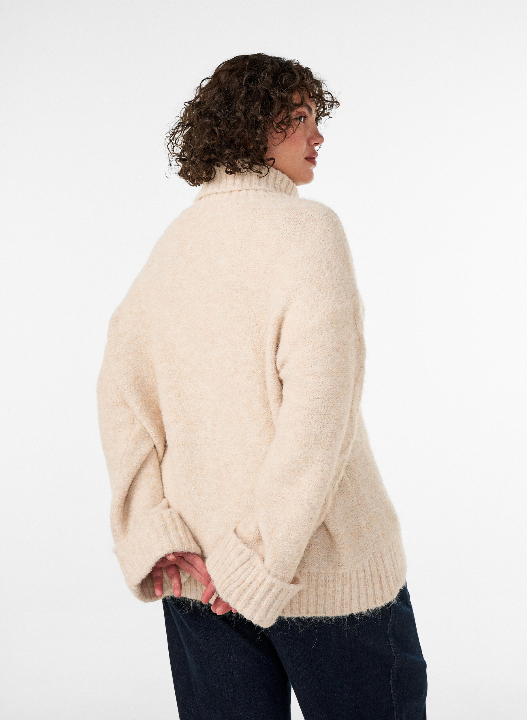 ZizziStrikbluse med rullekrave og kabelstrik, Vanilla, Model image number 2