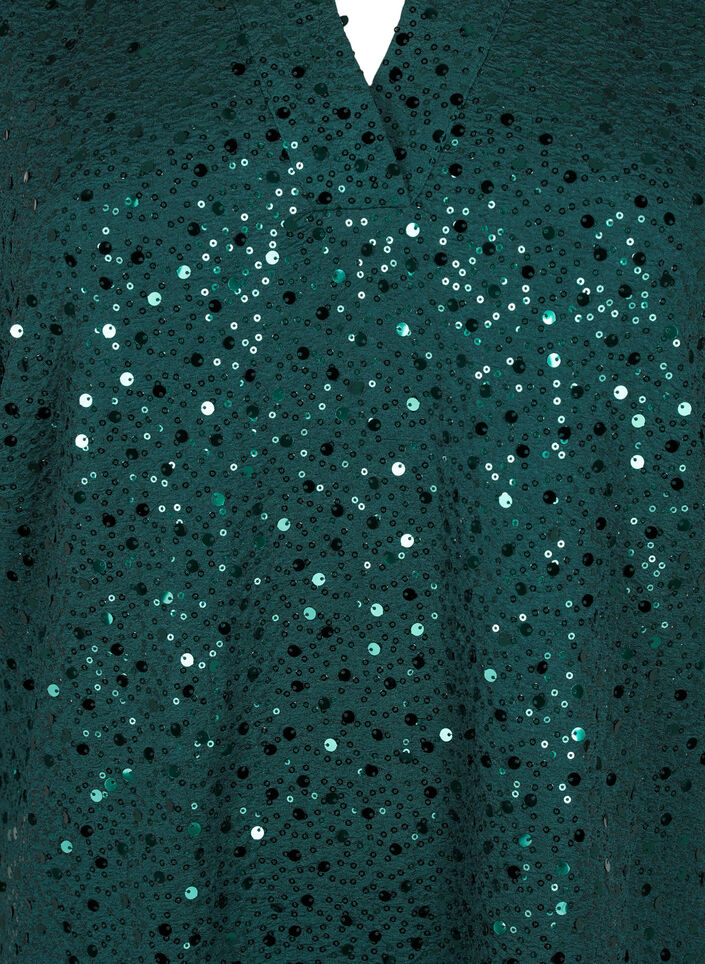 Pailletkjole med V-udskæring og 3/4 ærmer, Rain Forest, Packshot image number 2