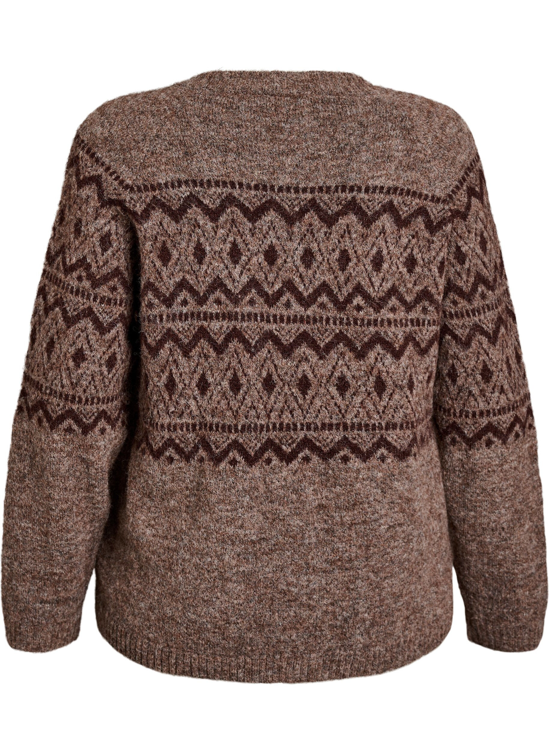 ZizziCardigan med jacquardm&oslash;nster, Brun, Packshot image number 1