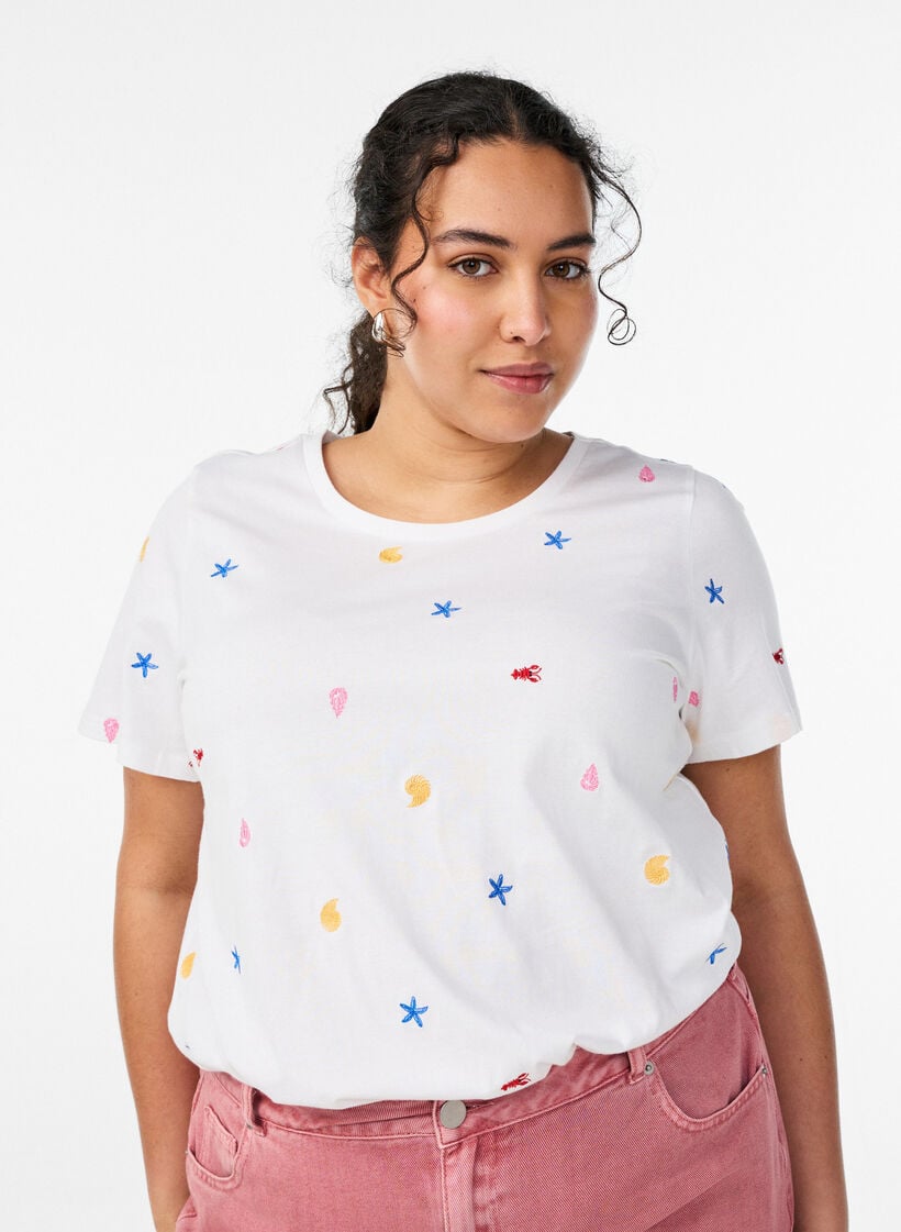 T-shirt i &oslash;kologisk bomuld med broderede motiver, Hvid, Model image number 0