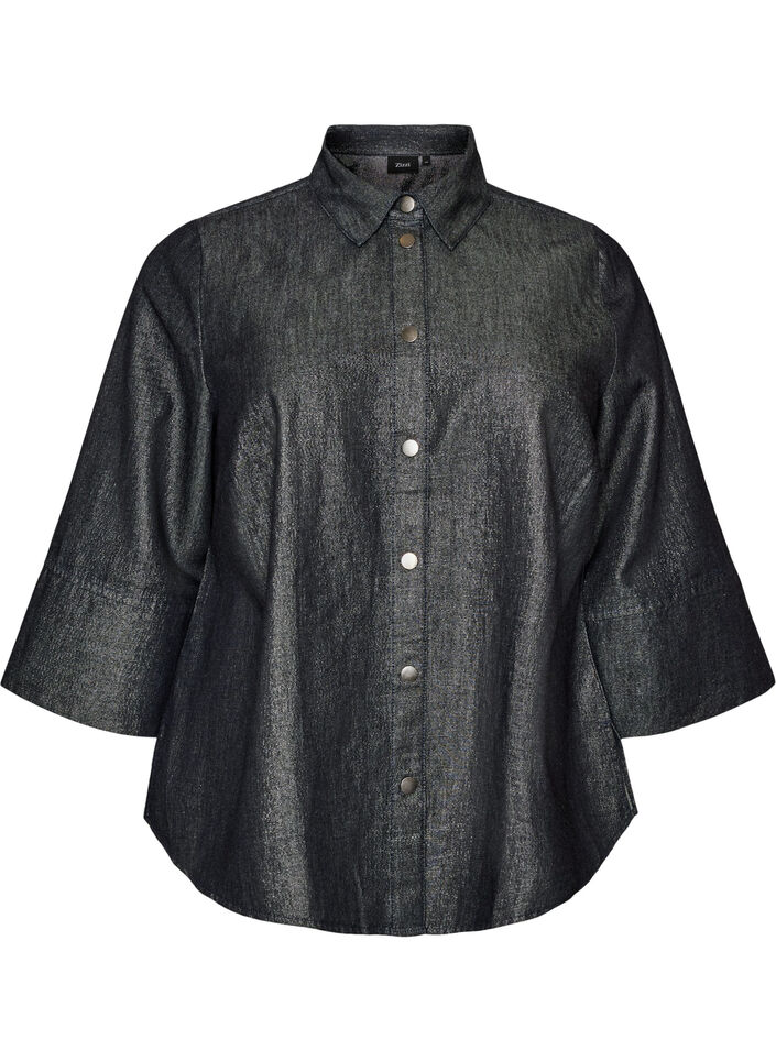Denimskjorte med glimmertr&aring;d og 3/4-&aelig;rmer, Gr&aring;, Packshot image number 0