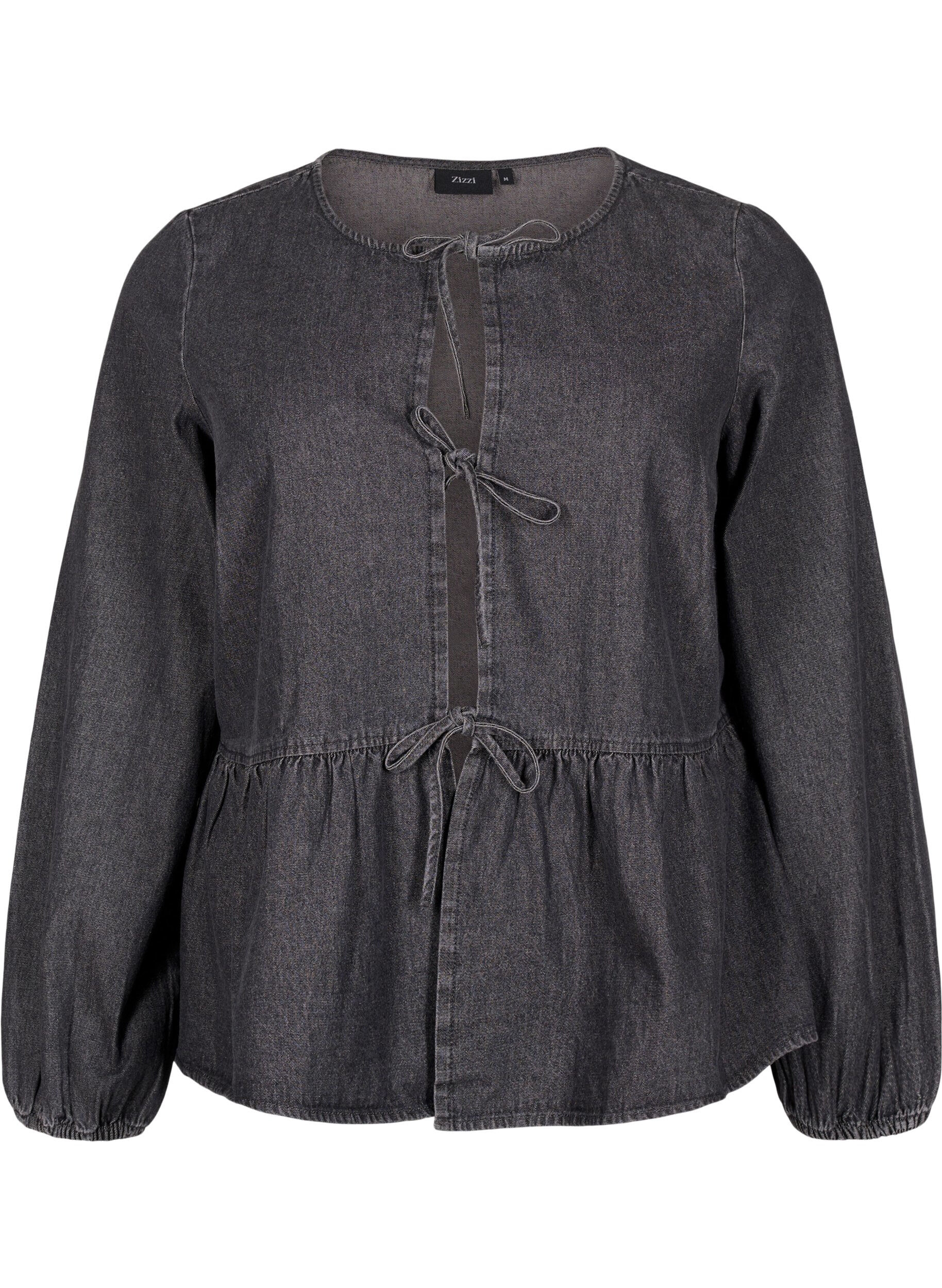 Zizzi Peplum bluse i denim med bindelukning, Gr&aring;, Packshot image number 0