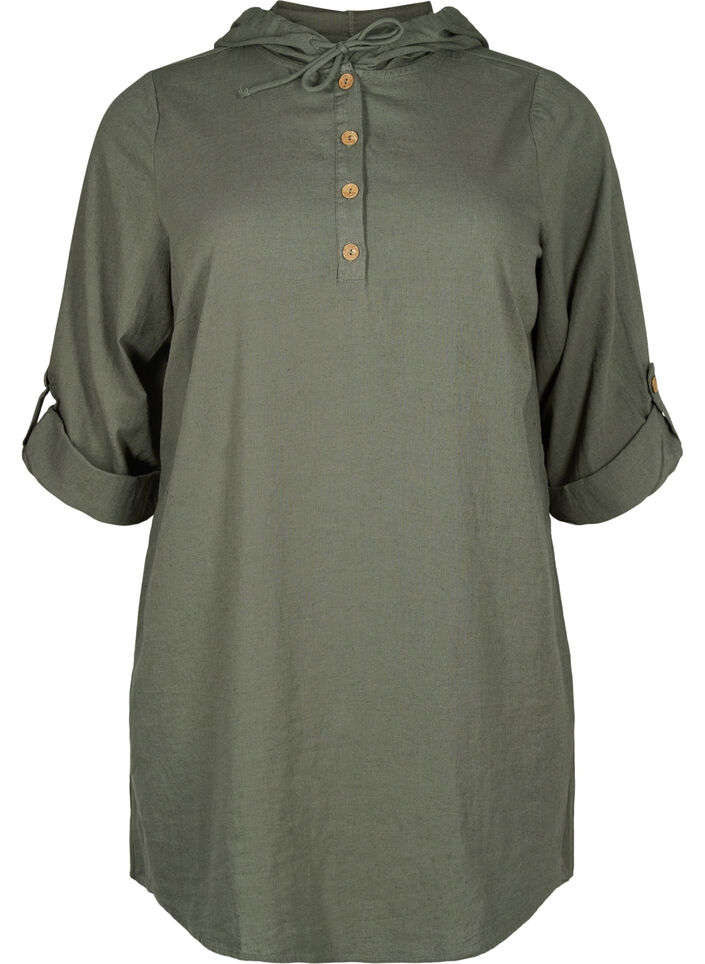 Tunika med hætte i bomuld og hør, Thyme, Packshot image number 0