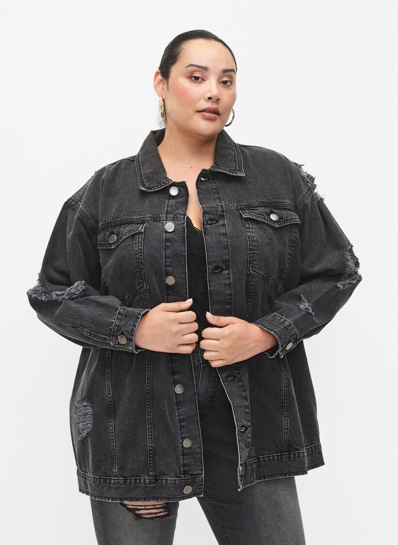 Løstsiddende denimjakke med sliddetaljer, Dark Grey Denim, Model image number 0