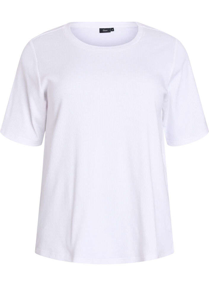 Ribbet jerseybluse med korte &aelig;rmer, Hvid, Packshot image number 0