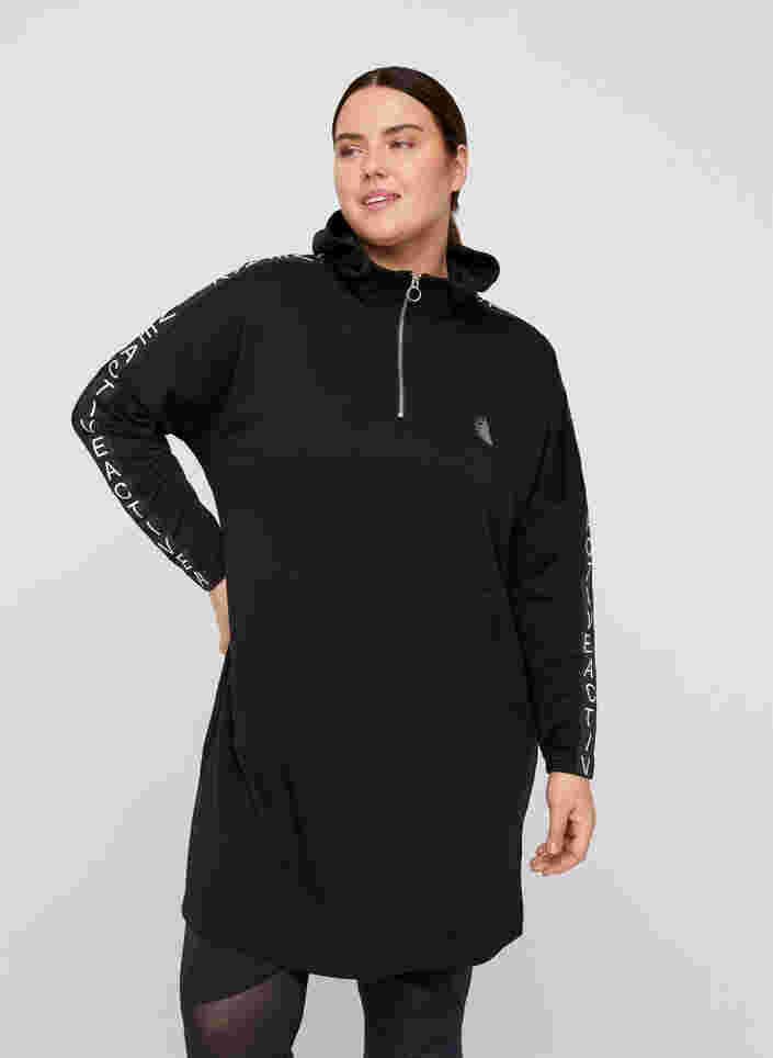 Sweatkjole med hætte og stor lomme, Black, Model image number 0
