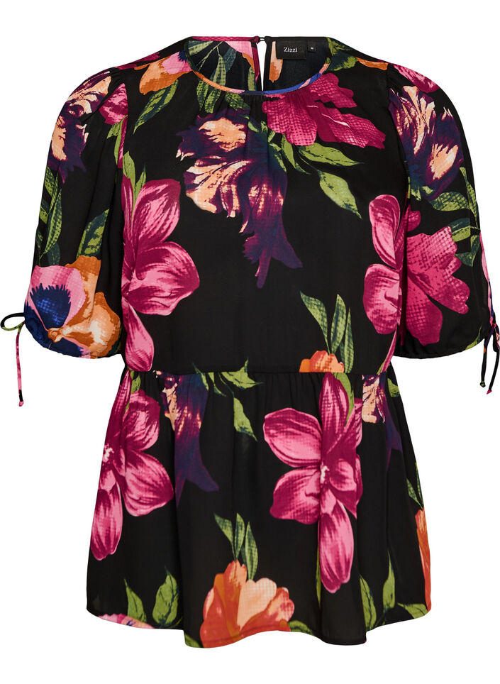 Bluse med blomsterprint og peplum-effekt, Sort, Packshot image number 0