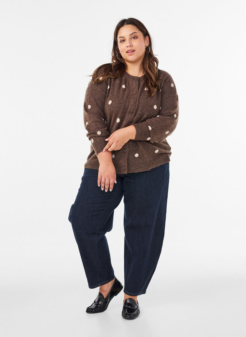 Cardigan med prikket m&oslash;nster, Brun, Model image number 1