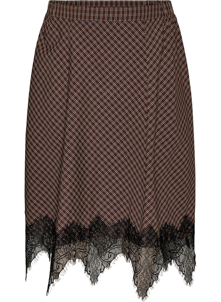Midinederdel med blondekant og rudem&oslash;nster, Brun, Packshot image number 0