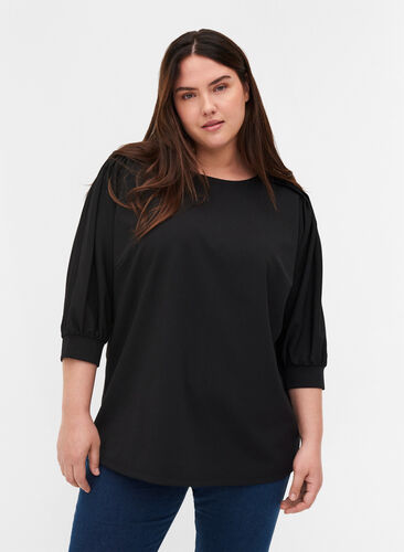 Bluse med 3/4 ærmer og plisséfold, Black, Model image number 0