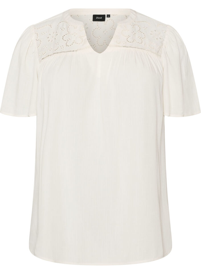 Bluse i viskose med broderie anglaise, Beige, Packshot image number 0