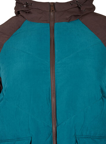 Lang colorblock vinterjakke med hætte, Deep Teal Comb, Packshot image number 2