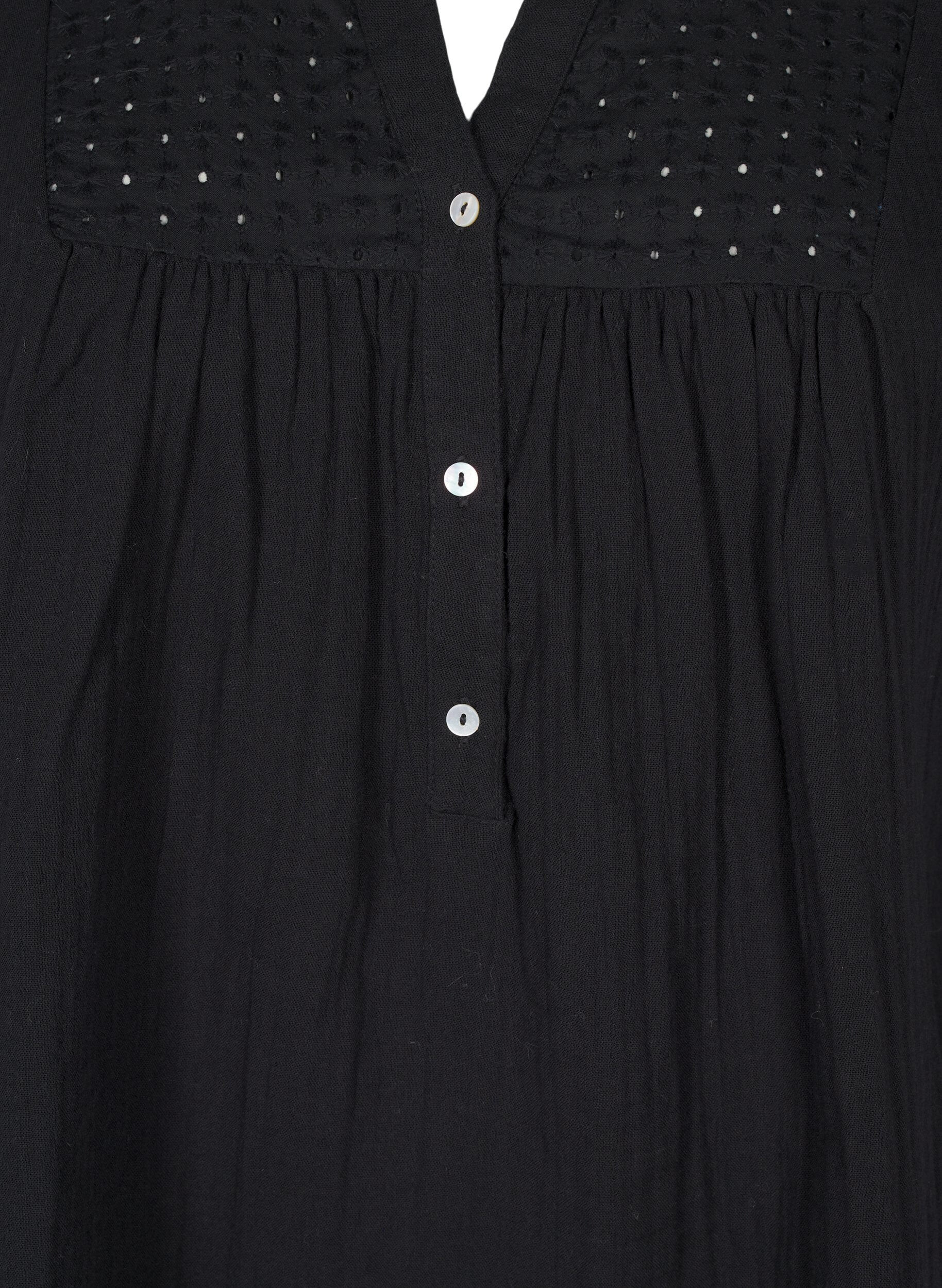 Zizzi Bluse i bomuld med broderi anglaise og 3/4 &aelig;rmer, Black, Packshot image number 2
