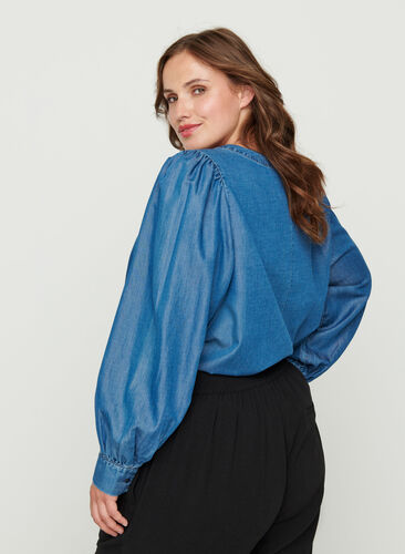 Bluse med lange pufærmer og knapper, Blue denim, Model image number 1