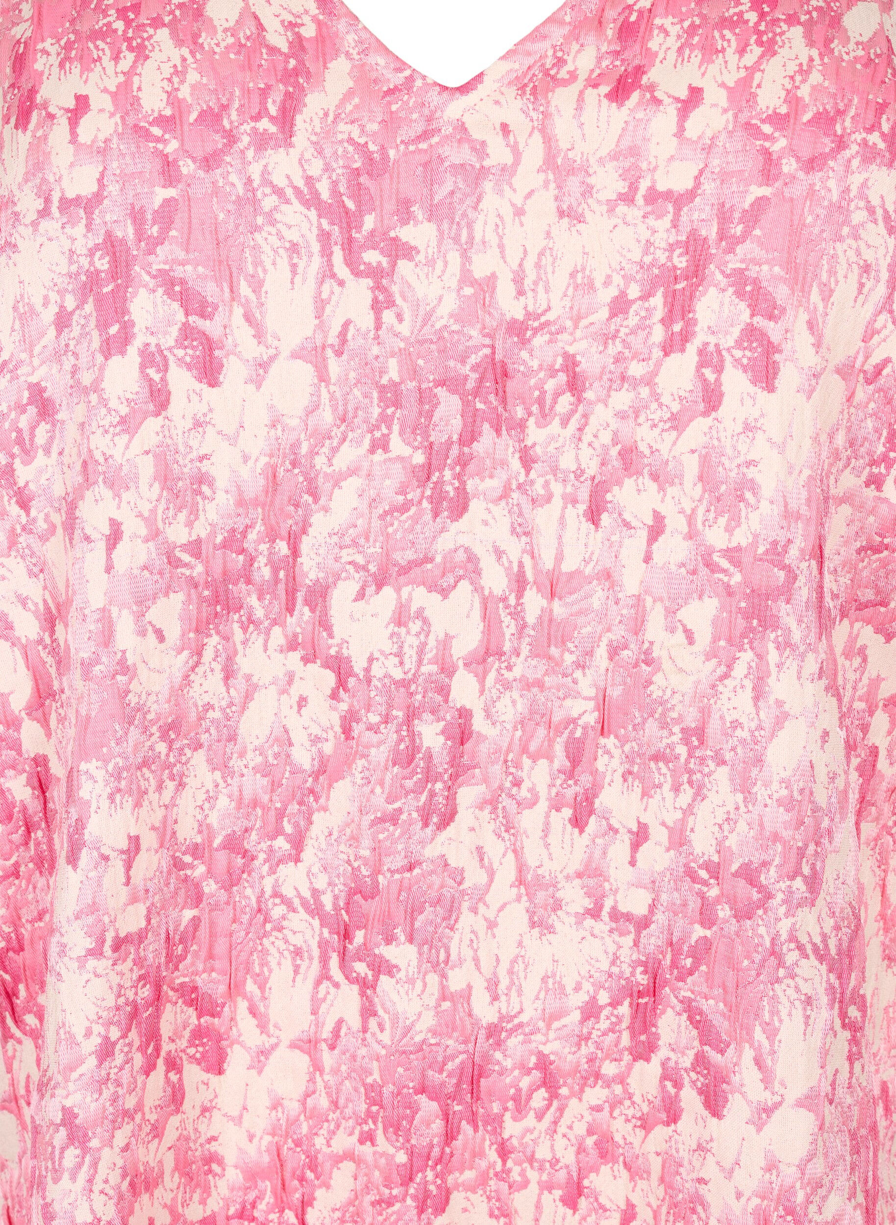 Zizzi Jacquard kjole med korte puf&aelig;rmer, Chateau Rose AOP, Packshot image number 2