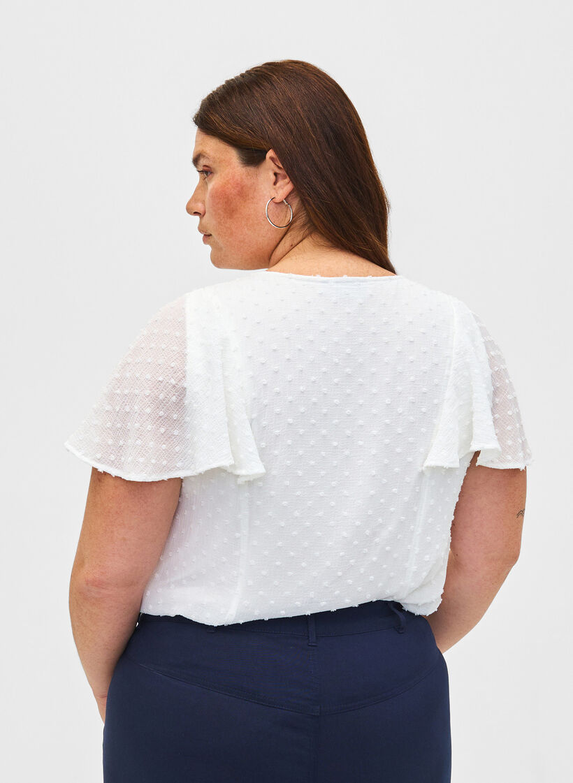 Bluse med prikket tekstur og korte ærmer, Bright White, Model image number 1