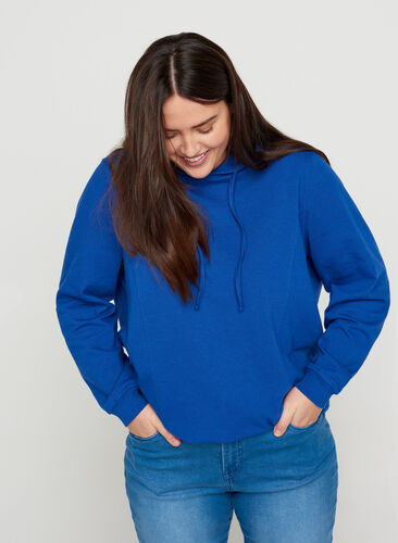 Sweatshirt med hætte og ribkanter, Deep Blue , Model image number 0
