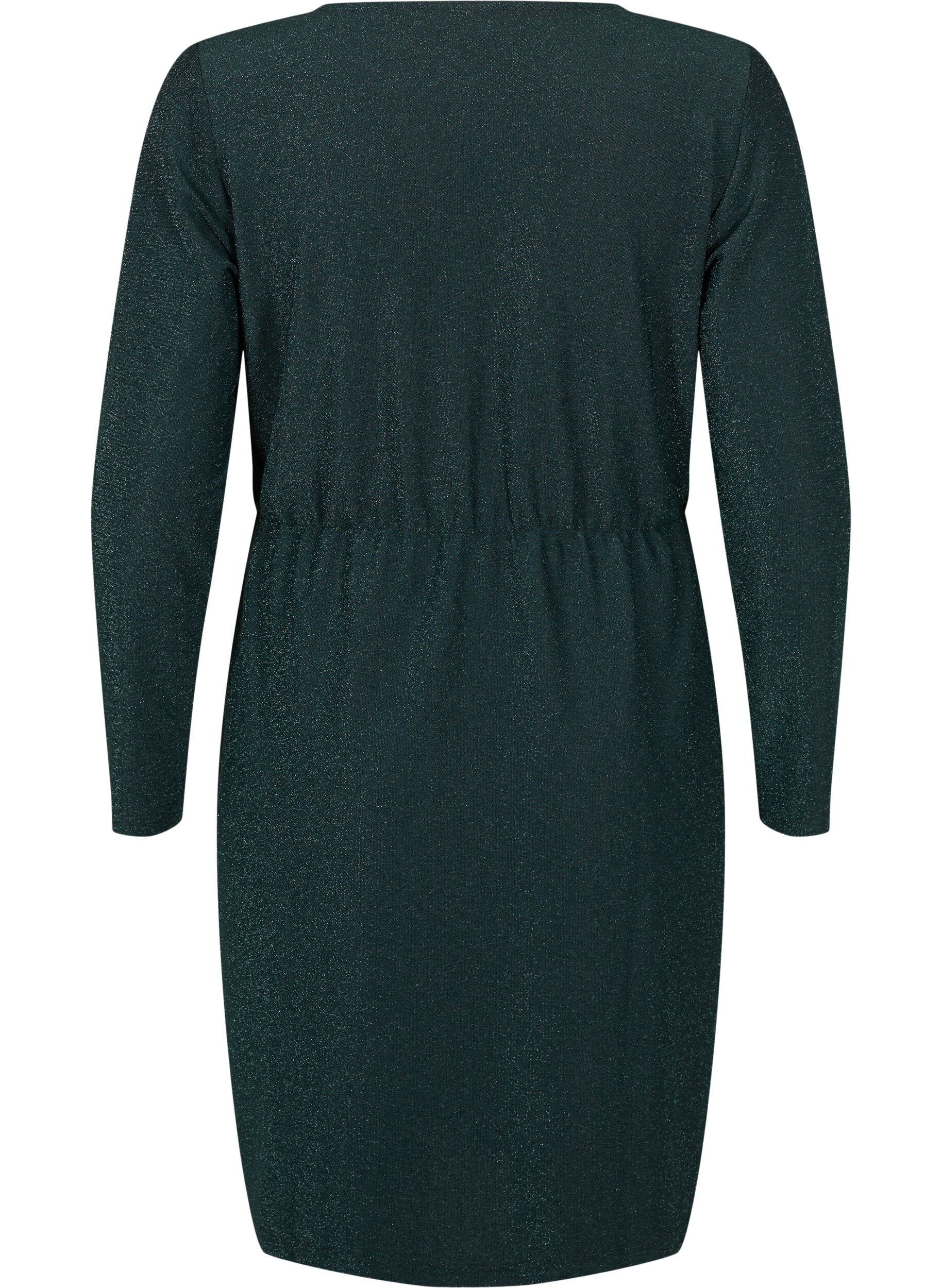 Zizzi Glitterkjole med wraplook og lange &aelig;rmer, Black Scarab, Packshot image number 1