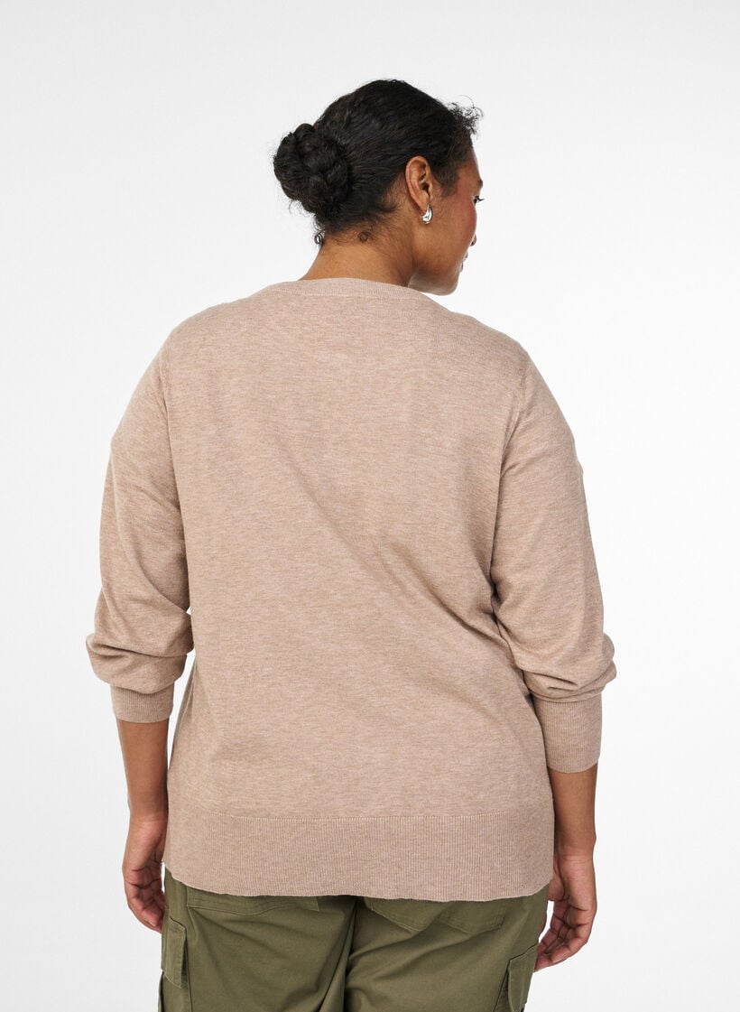 Cardigan med rund hals og stofbetrukne knapper, Beige, Model image number 2