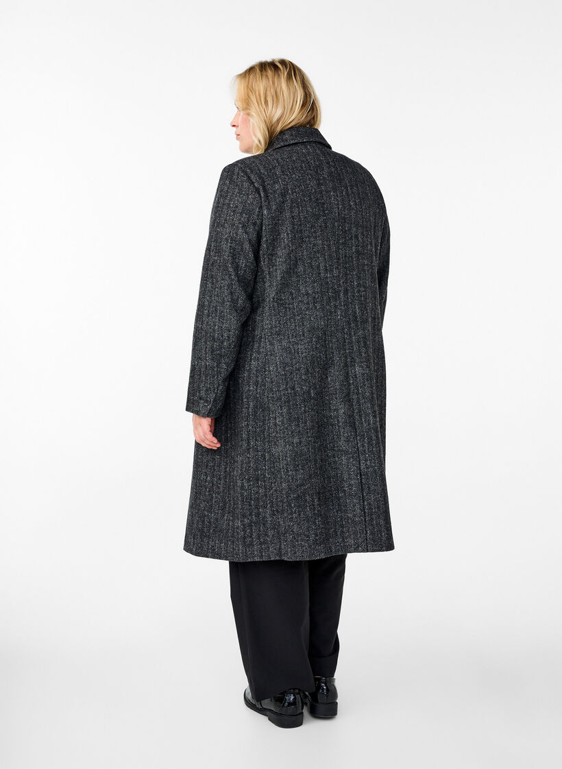 Lang frakke med uld og sildebensmønster, Dark Grey Melange, Model image number 1