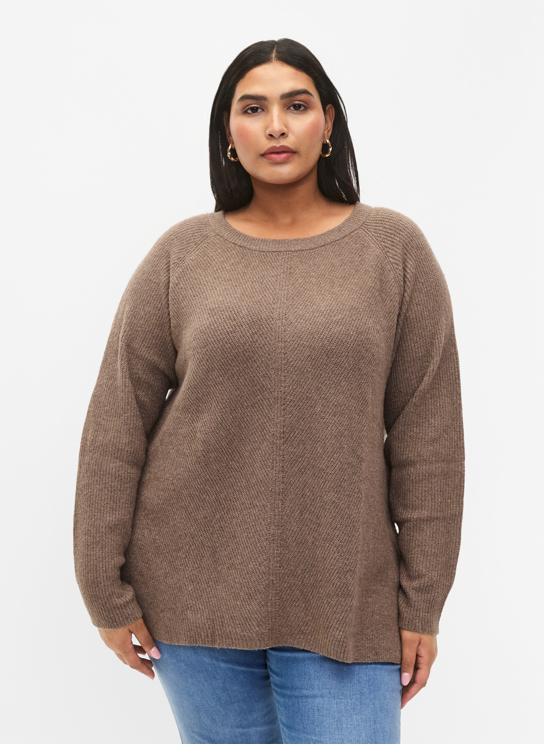 Zizzi Meleret strikbluse med slids i siden, Walnut/White Mel., Model image number 0