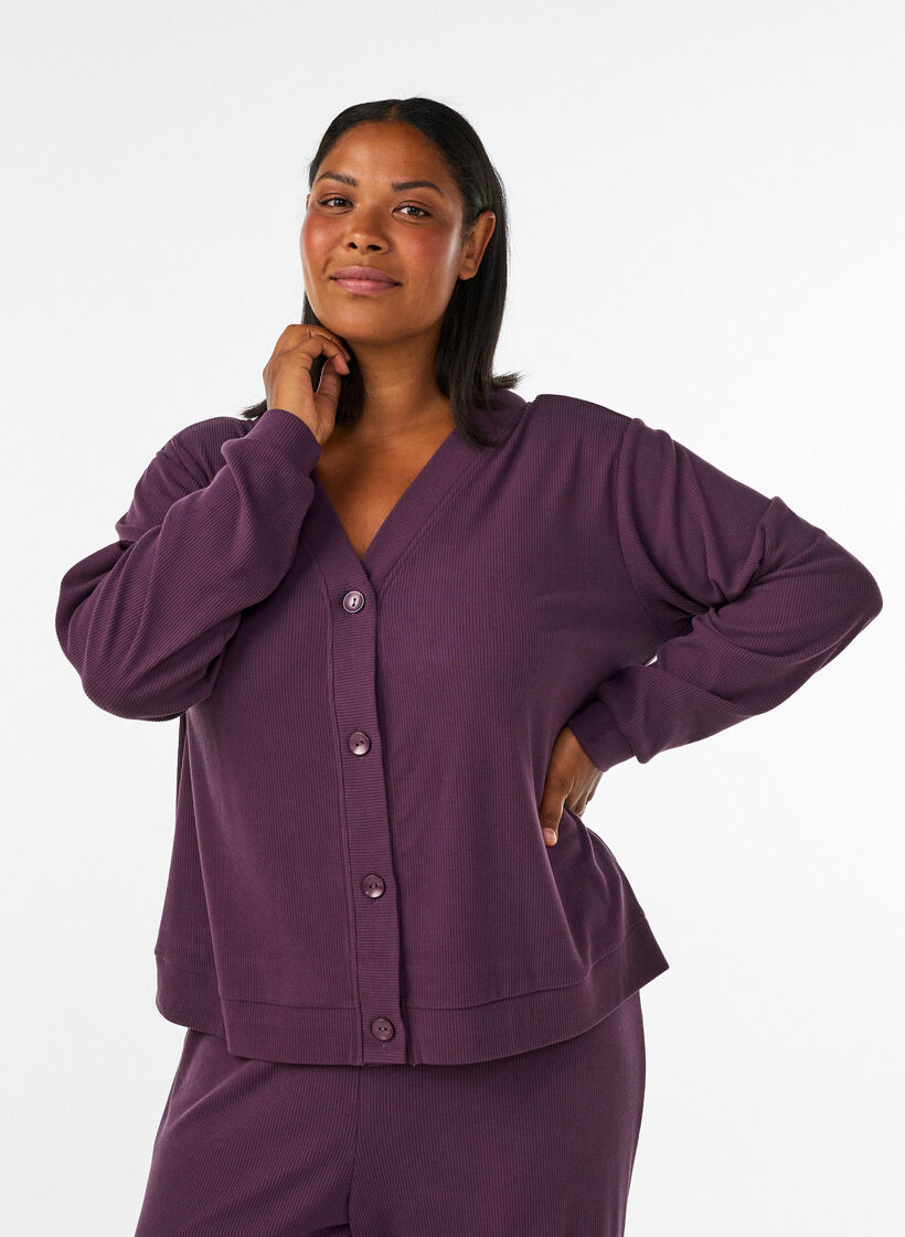 Jerseycardigan med ribstruktur og V-hals, Lilla, Model image number 0