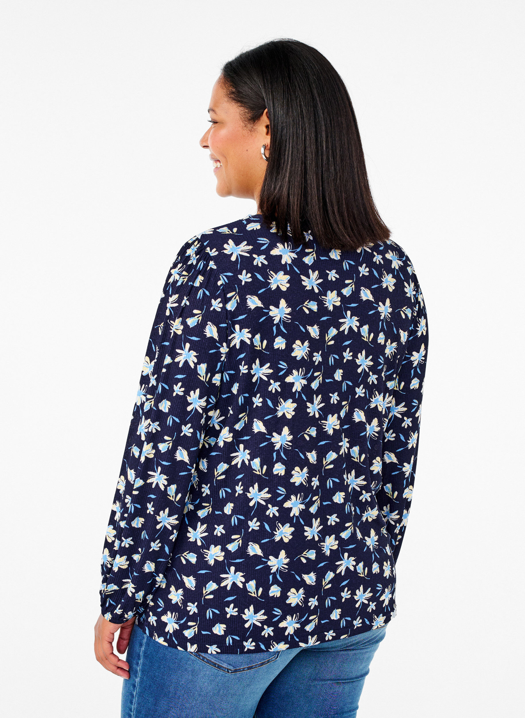 Zizzi Bluse med lange &aelig;rmer og blomsterprint, Bl&aring;, Model image number 2