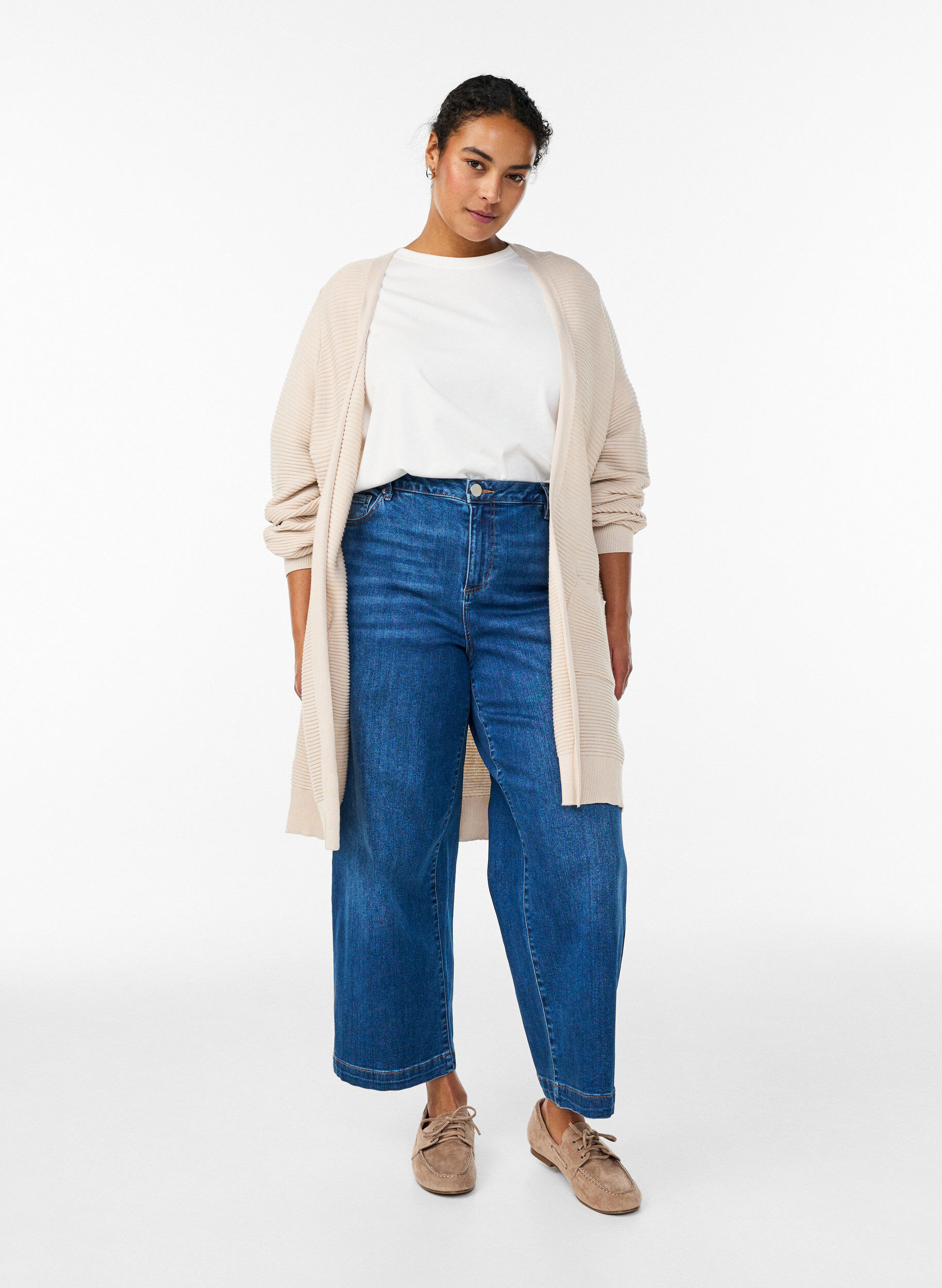Zizzi Lang ribstrikket cardigan i bomuld, Beige, Model image number 1