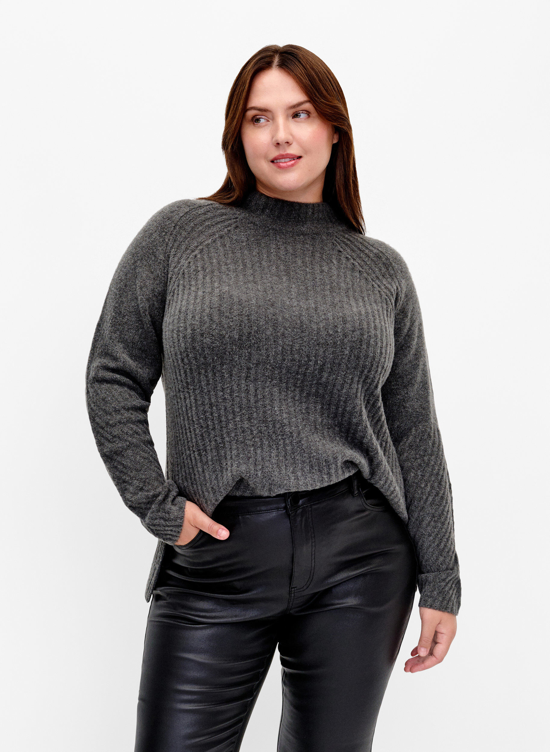 Zizzi Turtleneck strikbluse med rib, Dark Grey Melange, Model image number 0