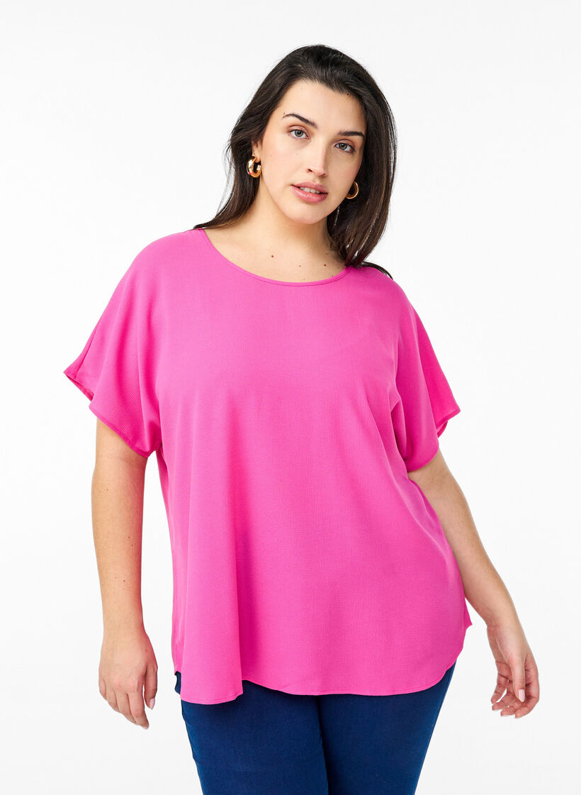 Bluse med korte &aelig;rmer og rund halsudsk&aelig;ring, Lyser&oslash;d, Model image number 0