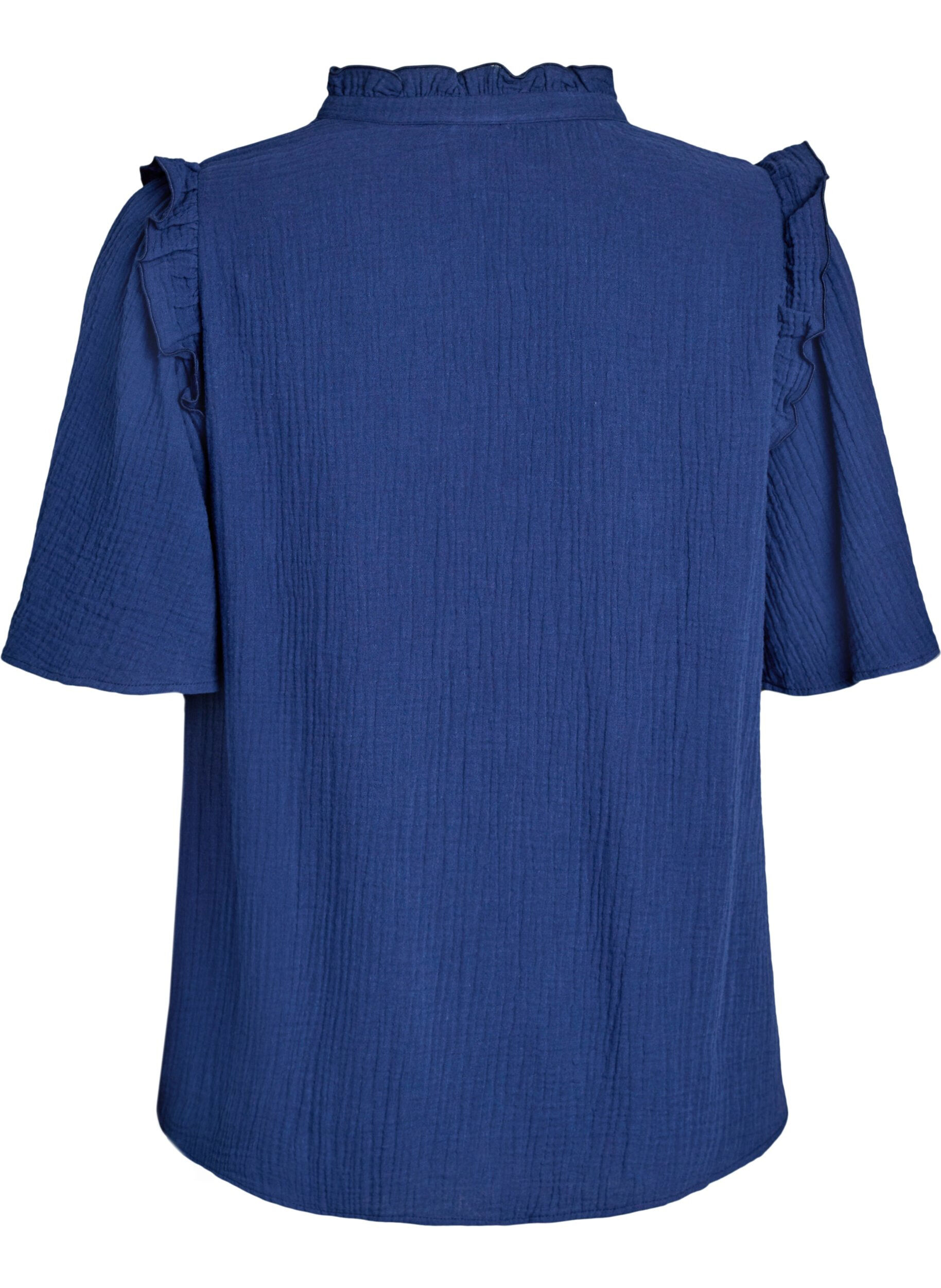 ZizziBluse i bomuldsmusselin med broderie anglaise og 1/2 &aelig;rmer, Bl&aring;, Packshot image number 1