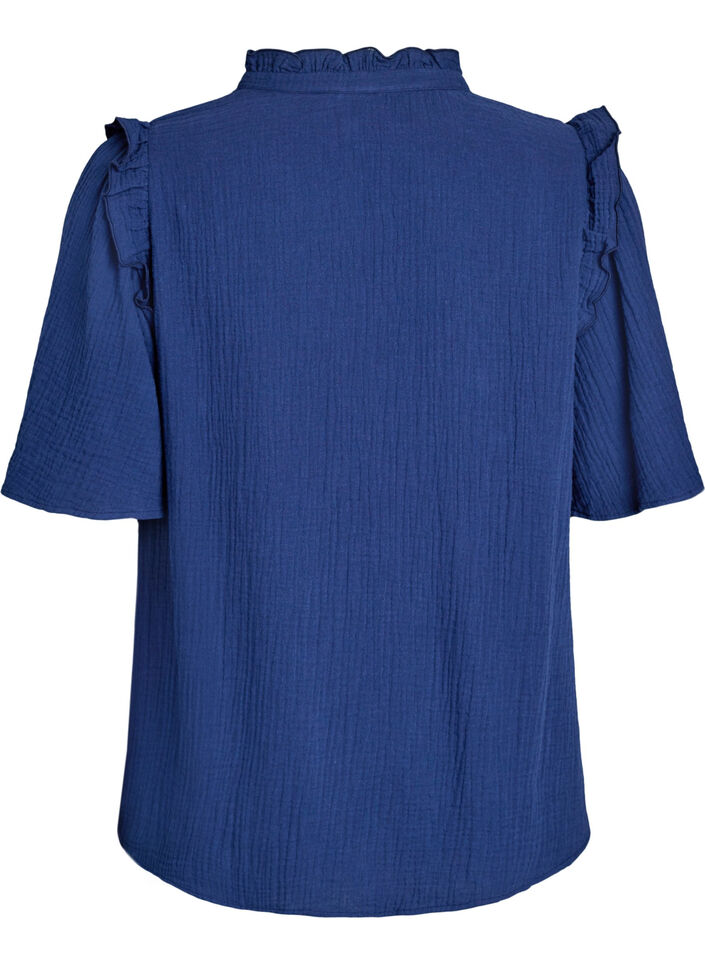Bluse i bomuldsmusselin med broderie anglaise og 1/2 &aelig;rmer, Bl&aring;, Packshot image number 1