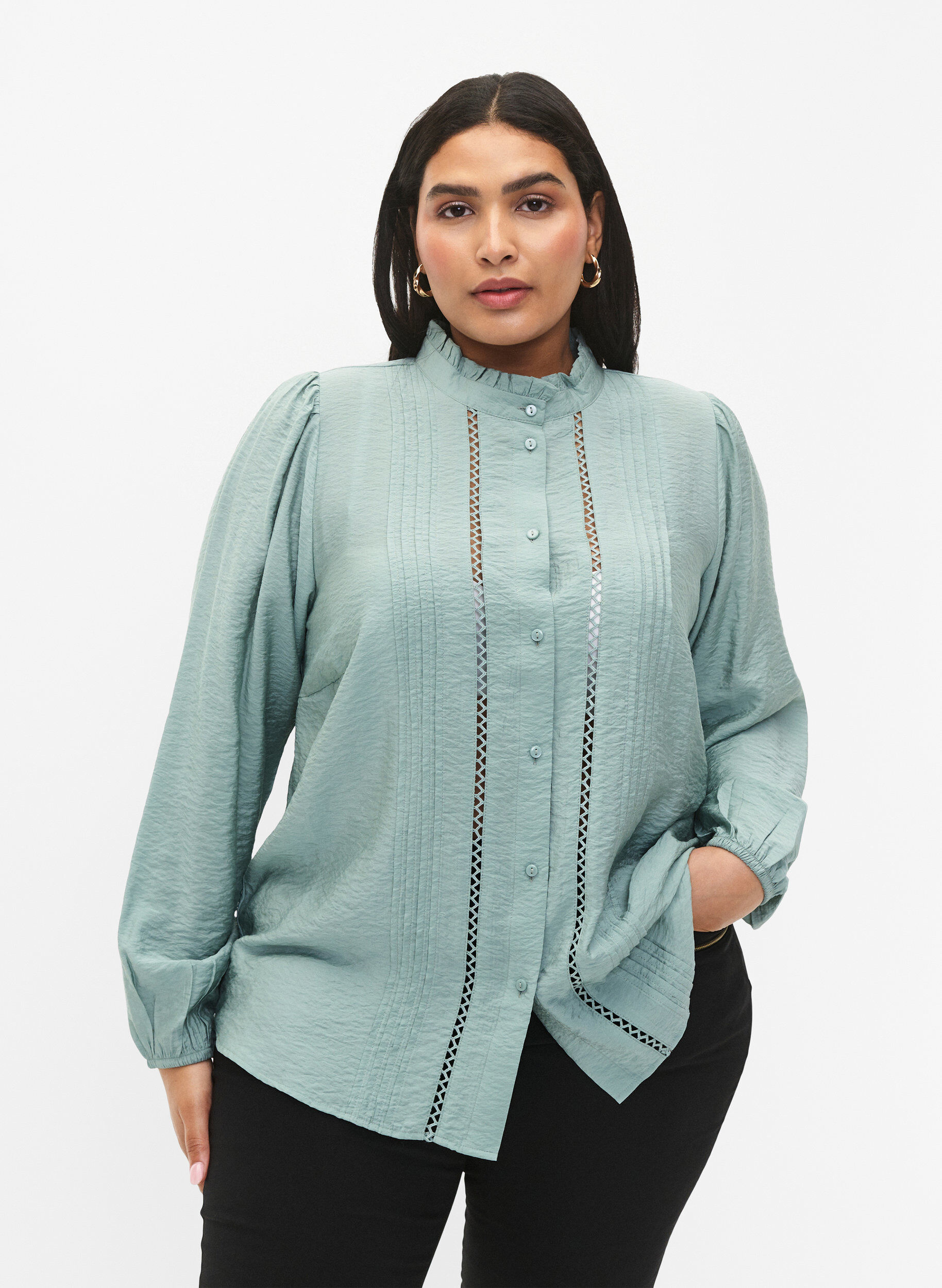 Zizzi Skjortebluse i viskose med fl&aelig;sekrave, Chinois Green, Model image number 0