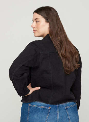 Kort denim jakke med rå kanter, Black, Model image number 1