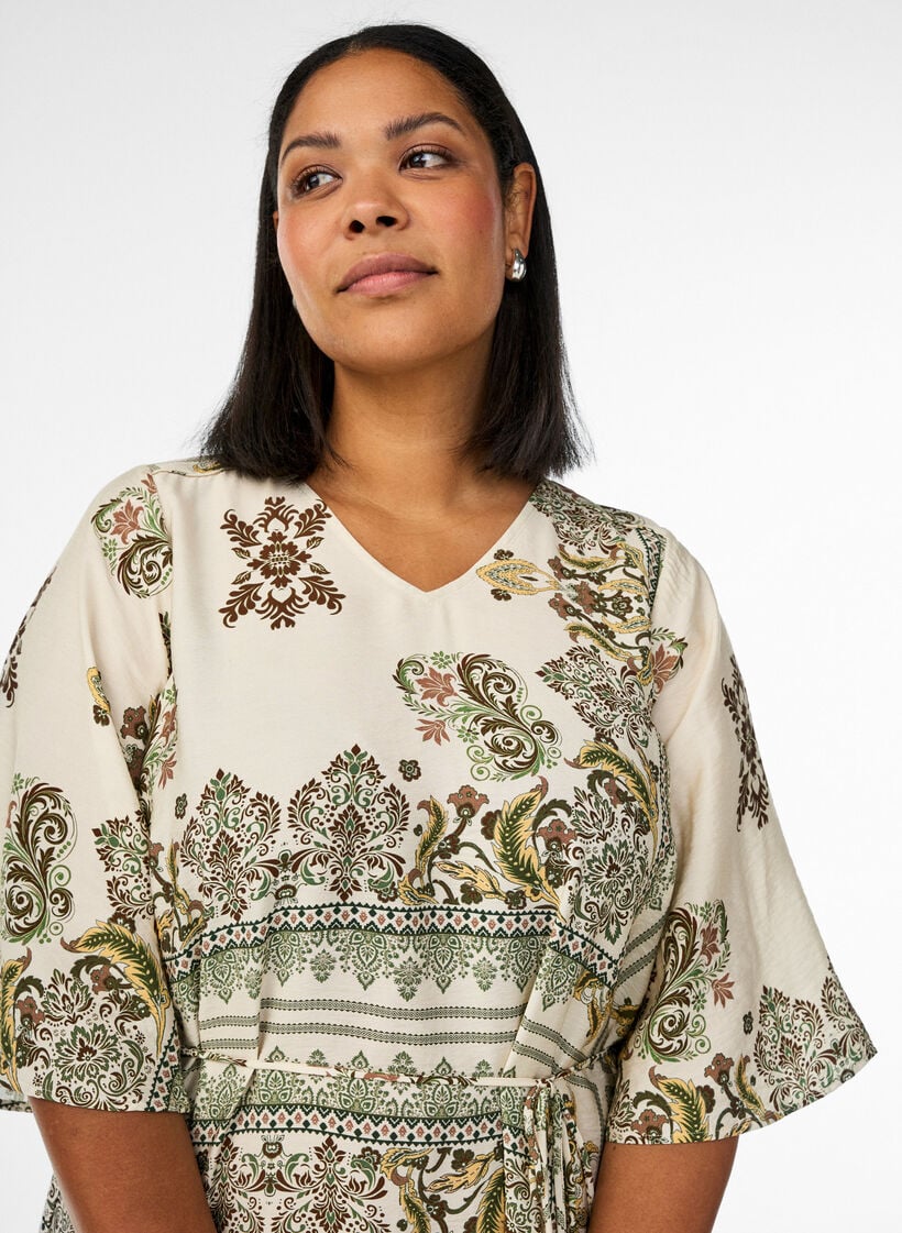 M&oslash;nstret midikjole i viskose med bindeb&aring;nd, Gr&oslash;n, Model image number 2