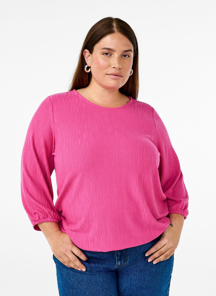 Bluse med struktur og 3/4 &aelig;rmer, Lyser&oslash;d, Model image number 0