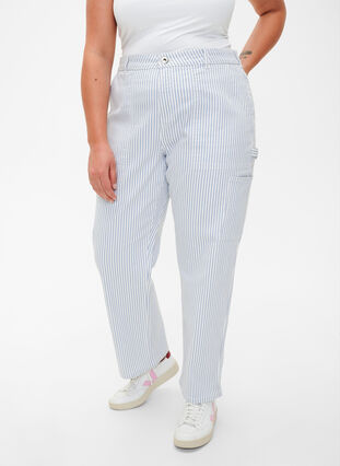Stribede cargo jeans med straight fit, Blue White Stripe, Model image number 2