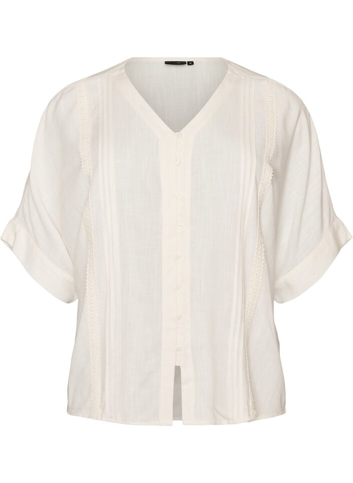 Bluse i viskose med crochetb&aring;nd og knapper, Vanilla, Packshot image number 0