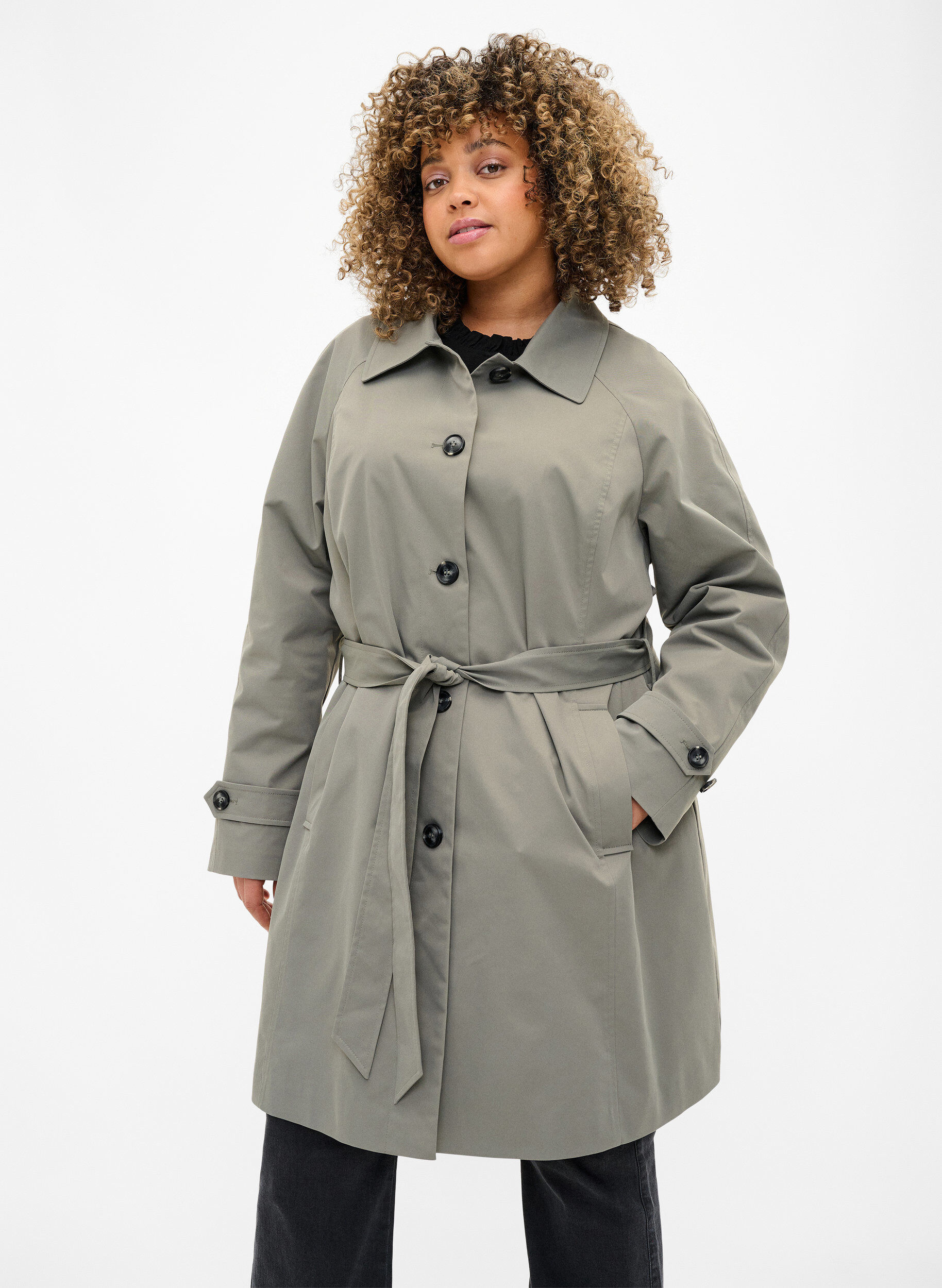 Zizzi Trenchcoat med lommer og b&aelig;lte, Sea Spray, Model image number 0