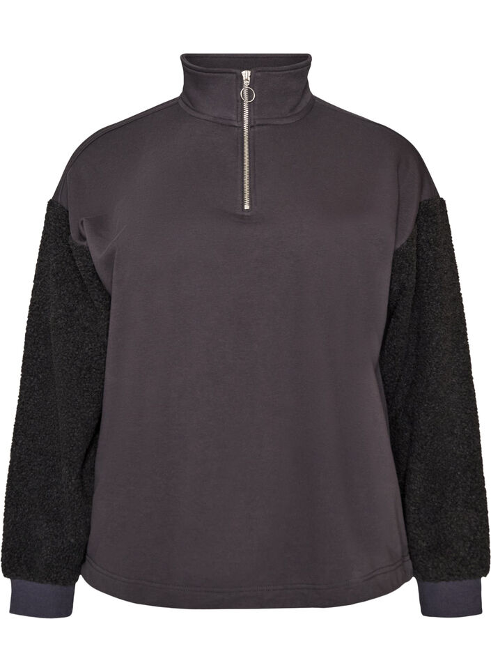 Sweatshirt med teddy&aelig;rmer og h&oslash;j hals, Gr&aring;, Packshot image number 0