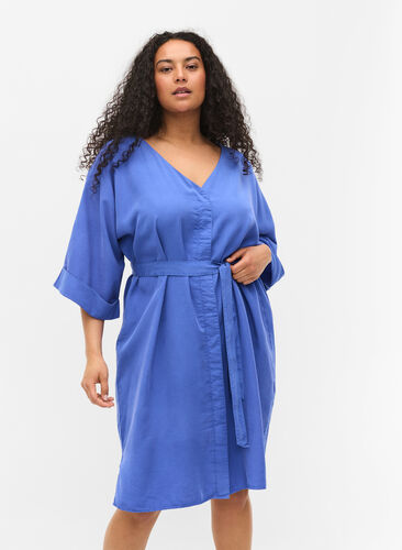 Kjole med 3/4 ærmer og bindebånd, Dazzling Blue, Model image number 0