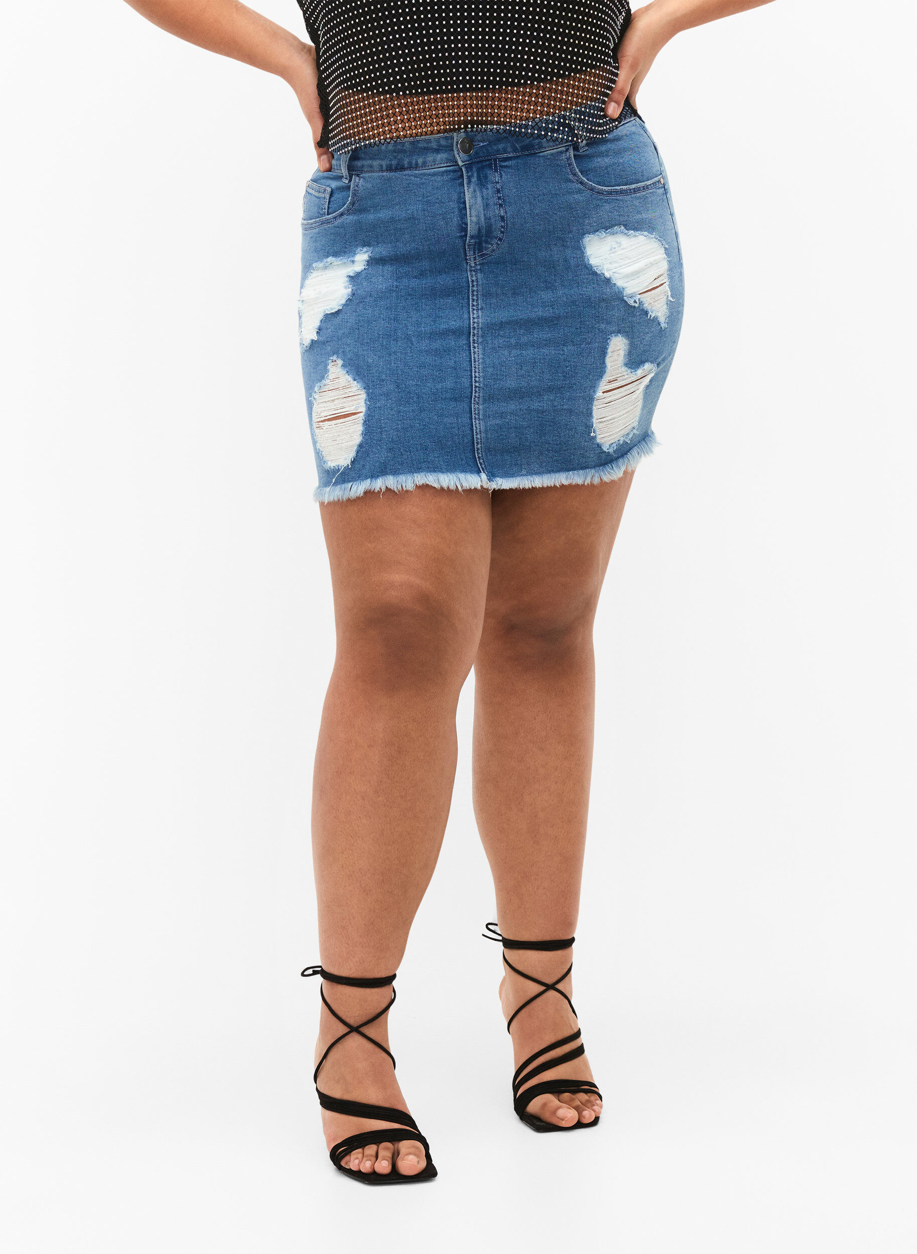 Zizzi T&aelig;tsiddende denim nederdel med slid, Blue denim, Model image number 2