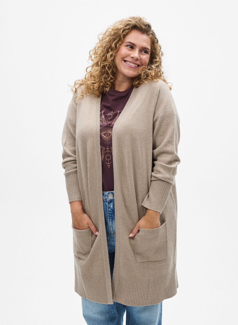 Meleret strik cardigan med lommer, Beige, Model image number 0