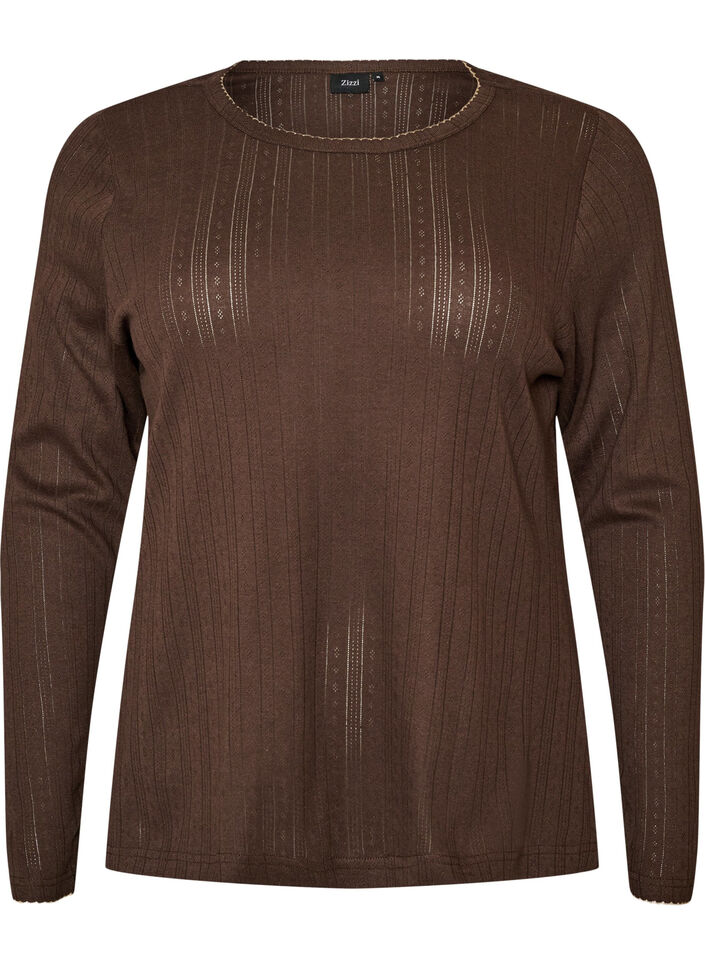 Natbluse i &oslash;kologisk bomuld med hulm&oslash;nster, Brun, Packshot image number 0