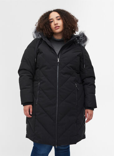 Vinterjakke med aftagelig hætte og stor imiteret pelskrave, Black, Model image number 0