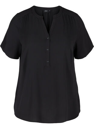 Bluse med korte ærmer og v-udskæring, Black, Packshot image number 0